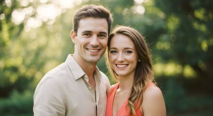 Obraz premium Smiling couple poses in the sunlight