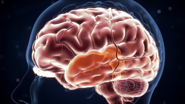 Detailed illustration of a human brain inside a transparent head on a dark background
