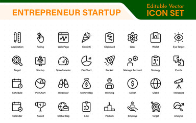 Entrepreneur Startup Icon Set. Minimal Thin Line Symbols for Digital Products, Finance, and Innovation. Editable Vector Icons for Designers.