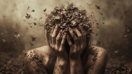 Man clutching stormy amid head sky, expressing emotional distress and psychological struggle