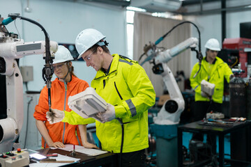 Robotic automatic technician team checking plan system of automation machine. Programming machinery...