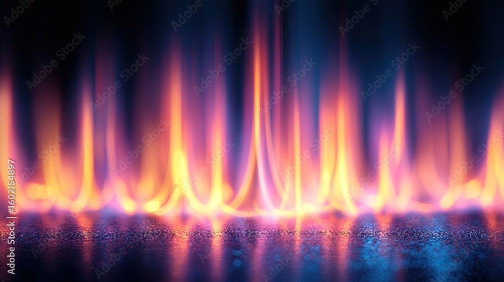 Poster with fire flames rising from a reflective surface golden bokeh lights and particles in dark backgrou