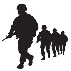Black silhouette soldiers marching with rifles army military