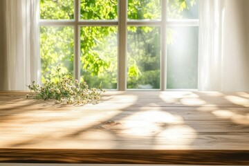 Wooden table with wildflowers in front of a window.