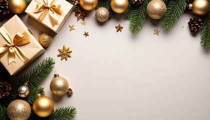 Festive holiday celebration with golden ornaments and gift boxes indoor setting christmas decor cozy atmosphere top-down view joyful spirit