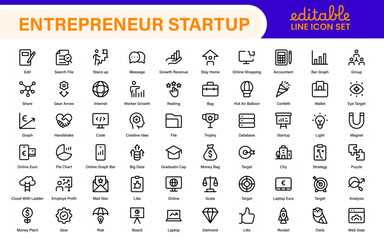 Entrepreneur Startup Icon Set. Minimal Thin Line Symbols for Digital Products, Finance, and Innovation. Editable Vector Icons for Designers.