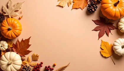 Fototapeta premium Celebrating autumn harvest with pumpkins and fall leaves cozy home setting decorative content warm color palette top-down view seasonal aesthetics