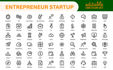 Entrepreneur Startup Icon Set. Minimal Thin Line Symbols for Digital Products, Finance, and Innovation. Editable Vector Icons for Designers.