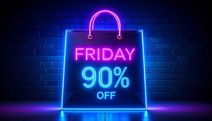 Neon shopping bag with Friday 90% off sale