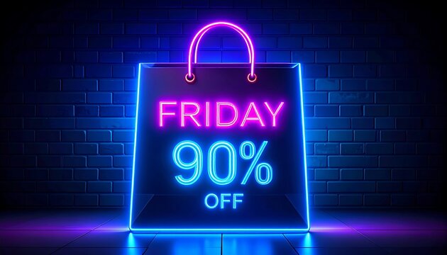 Neon shopping bag with Friday 90% off sale
