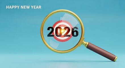 Happy New Year 2026 target vision — magnifying glass on goal setting and resolution success concept. Business strategy and budget planning for new year