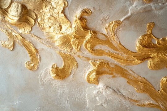 Golden floral bas relief ornament decorating a light design textured surface, creating a sophisticated and elegant green,