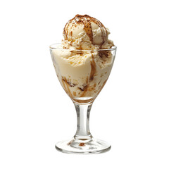 Creamy ice cream topped with crunchy bits in glass dish