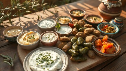 Photo of a delightful spread of mediterranean mezze featuring various dips and appetizers