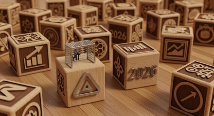 Multiple 2026 numbered wooden cube blocks are arranged in an array pattern. New year concept for business planning.