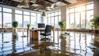 Office Flood: A flooded office space showcasing water damage, with a desk, chair, papers, and an open ceiling, illustrating the aftermath of a significant water intrusion.