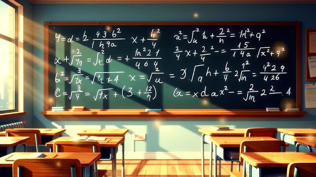 Classroom with desks and chalkboard covered in complex math equations