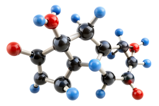 3 D molecular model with black carbon atoms red oxygen atoms and blue hydrogen atoms connected by white sticks isolated on a transparent background
