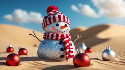 Whimsical desert snowman with christmas ornaments under a sunny sky