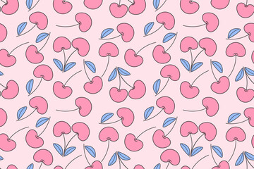 Summer seamless pattern with vector illustrations of fruits Hand drawn healthy food set and cherry cartoon background