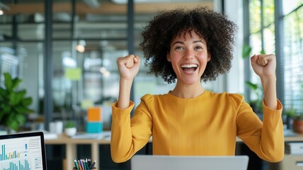 Enthusiastic business professional triumphant corporate success with celebrating gesture, pumping fists while standing in contemporary workspace