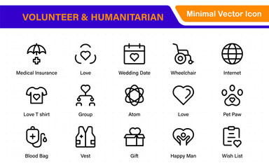 Volunteer and Humanitarian flat line icons. Editable stroke. Designed for charity events, NGO websites, mobile apps, presentations, and branding materials.