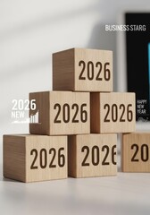Multiple 2026 numbered wooden cube blocks are arranged in an array pattern. New year concept for business planning.