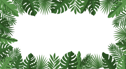 Tropical leaves frame with greenery border on white background