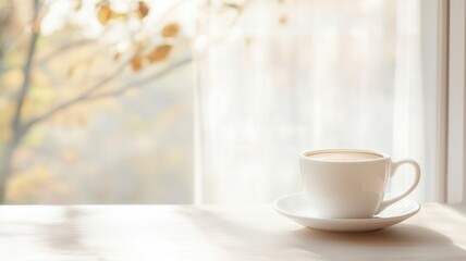 Fototapeta premium windowsill beside empty mug on Cappuccino near dried flowers, suggesting morning tranquility