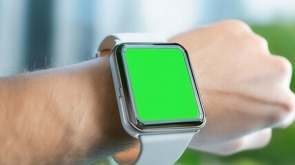 Close up of a businessman's hand wearing a smartwatch with a green screen, ideal for showcasing apps or designs