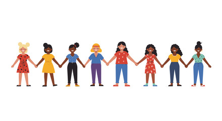 Diverse group of women holding hands in flat style on white background