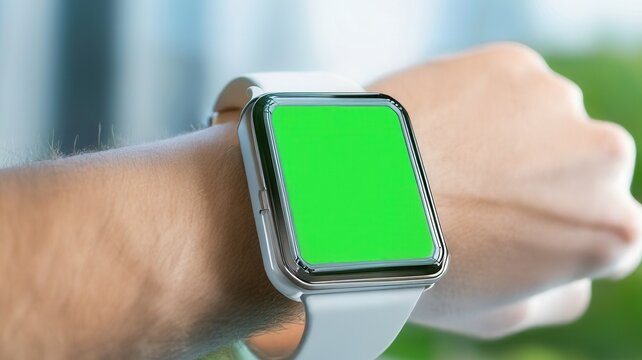 Close up of a businessman's hand wearing a smartwatch with a green screen, ideal for showcasing apps or designs