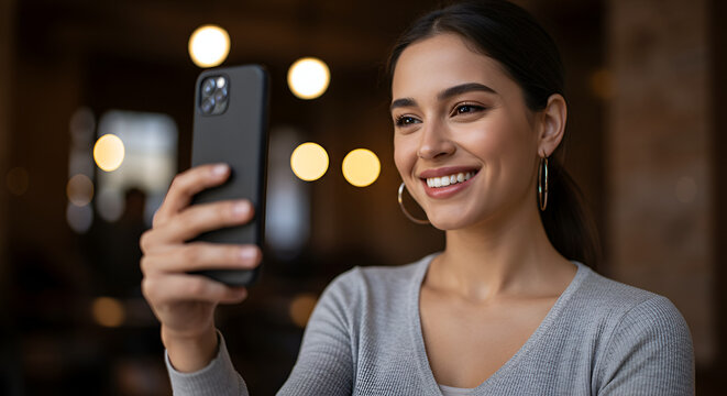 Smiling woman taking selfie with her smartphone in a stylish cafe