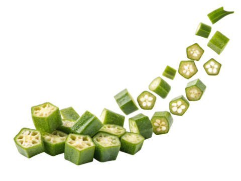 Fresh okra slices create vibrant display of green color and unique shapes, perfect for adding flavor and texture to various dishes