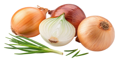 Fresh onions in various colors and types are displayed alongside green onion tops, showcasing their vibrant textures and shapes