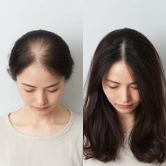 Fototapeta premium Witness stunning hair transformation with Asian woman's before and after hair growth journey
