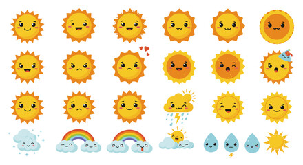 Cheerful sun and cloud faces with rainbow and rain elements in cute ca