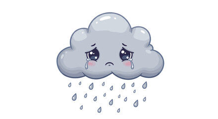 Sad crying cloud with raindrops on white background