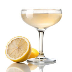 A coupe cocktail glass filled with pale yellow liquid next to fresh lemons on a black background isolated on a transparent background