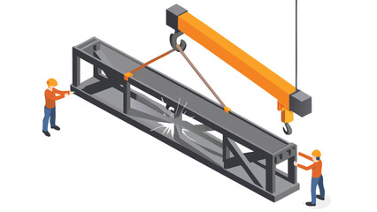 Isometric view of two workers with a crane lifting a metal structure during a construction project