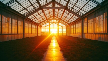 The golden light and shadow of greenhouse sunset