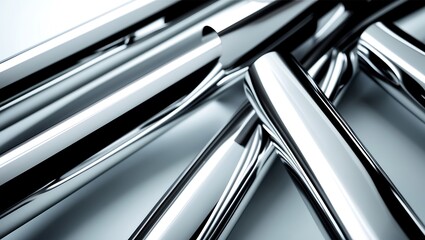 Abstract close up of polished chrome metal bars with reflective surfaces