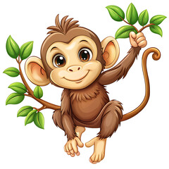 A cute cartoon monkey with big eyes hangs on a tree branch with green leaves isolated on a transparent background