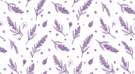 Lavender seamless pattern with botanical elements in purple