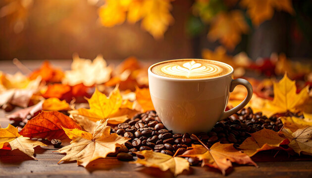 Autumn Coffee Delight: A cozy coffee cup sits amid a bed of fallen leaves and coffee beans, evoking the warm, comforting embrace of an autumn day.