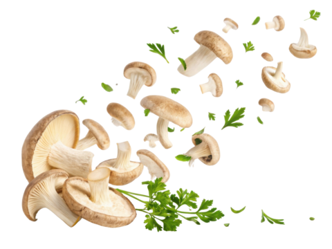 Fresh oyster mushrooms and herbs create vibrant culinary scene, showcasing nature beauty and flavor in delightful arrangement