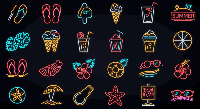 Neon summer icons collection featuring refreshing drinks, tropical pla