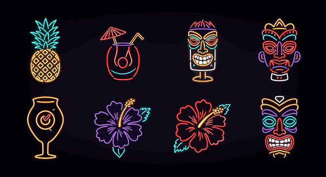 Vibrant neon tiki and tropical icons on dark background