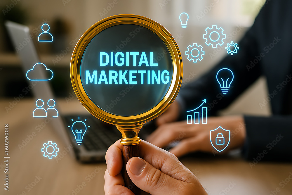 Poster digital marketing strategy under magnifying glass showing analytics tools icons and innovation techn