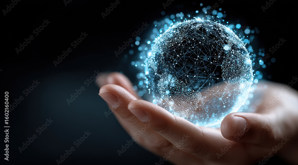 Poster hand holds glowing digital sphere, symbolizing technology and innovation. sphere is composed of inte